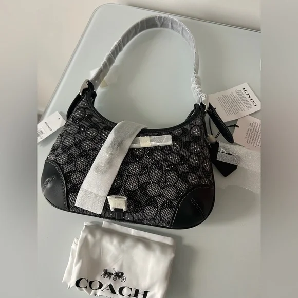 Coach Black Crystal Signature Jacquard Hamptons Hobo Shoulder Bag - Picture 1 of 9